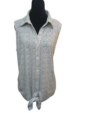 Adrianna Papell Sleeveless Tie Front Blouse Size L Black White Print Coastal